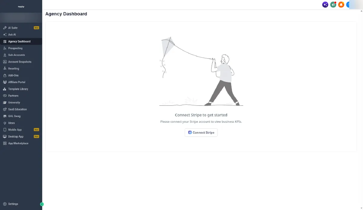 HighLevel agency-level dashboard with the agency navigation menu including Sub-Accounts, Account Snapshots and Reselling