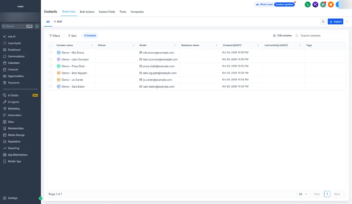 HighLevel contacts list with six sample demo contacts using example.com email addresses
