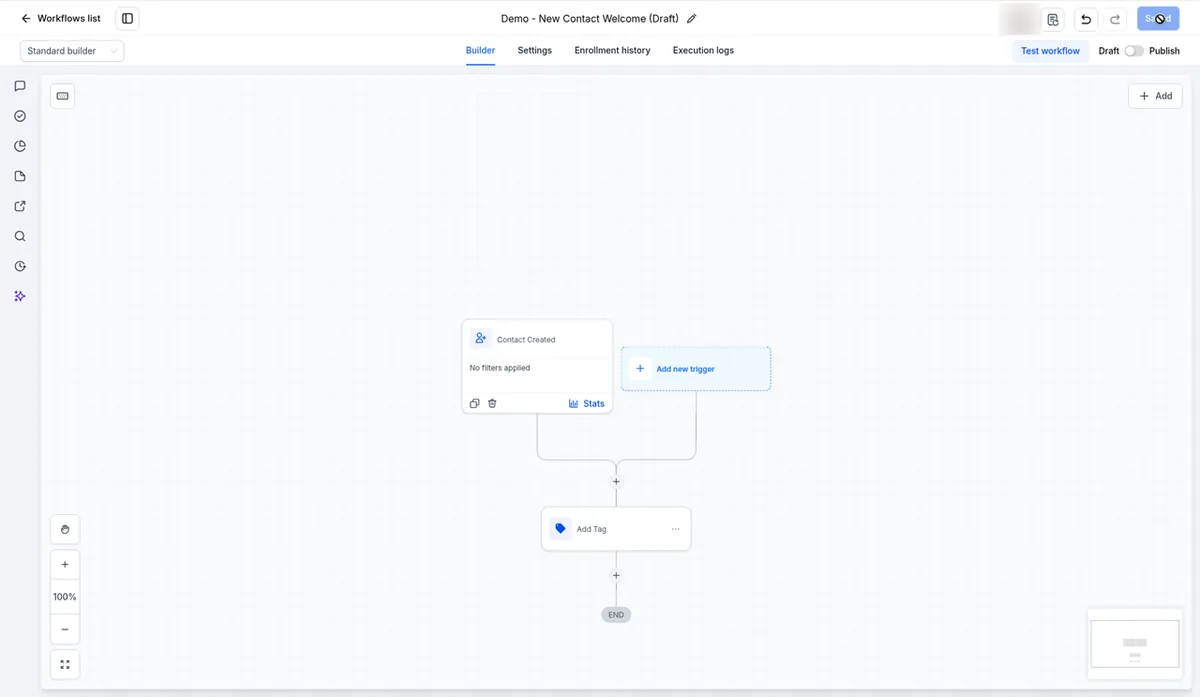 HighLevel workflow builder with a Contact Created trigger followed by an Add Tag action